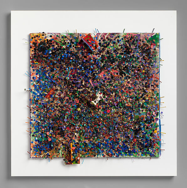 Memory Test: Free, White & Plastic (#114), Howardena Pindell (American, born Philadelphia, Pennsylvania, 1943), Cut and pasted and painted punched paper, acrylic, watercolor, gouache, ink, thread, nails, mat board, spray adhesive and plastic on cardboard 