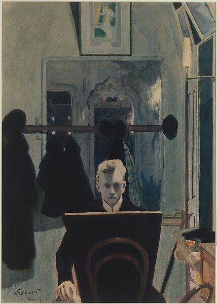 Self-Portrait, Léon Spilliaert (Belgian, Ostend 1881–1946 Brussels), Ink wash, watercolor, and colored pencil on paper 