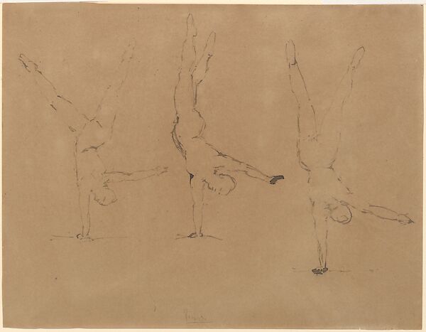 Three Studies of an Acrobat, Pablo Picasso (Spanish, Malaga 1881–1973 Mougins, France), Pen and brown ink on brown paper 