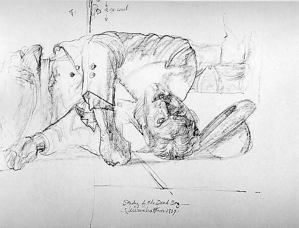 Study of the Dead Boy, Jerome Witkin (American, born 1939), Black crayon on paper 