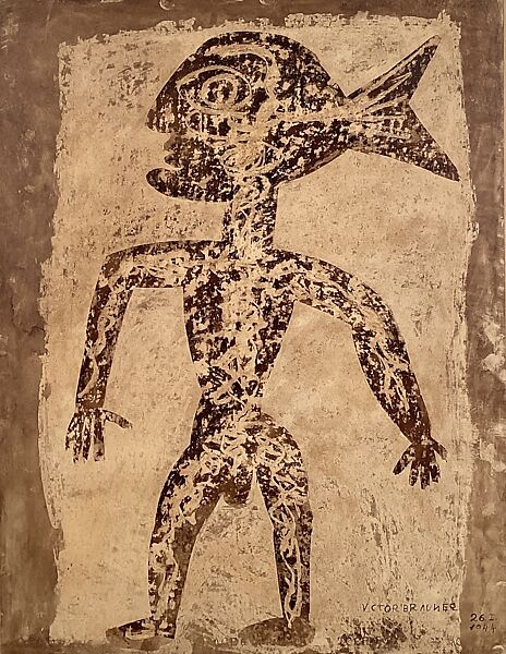 Primitive Man, Victor Brauner  Romanian, Encaustic and graphite on paper, mounted on canvas on a stretcher