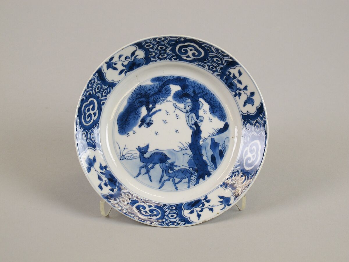 Plate with Monkey, Bees, Magpie, and Deer, Porcelain painted with blue underglaze, China 