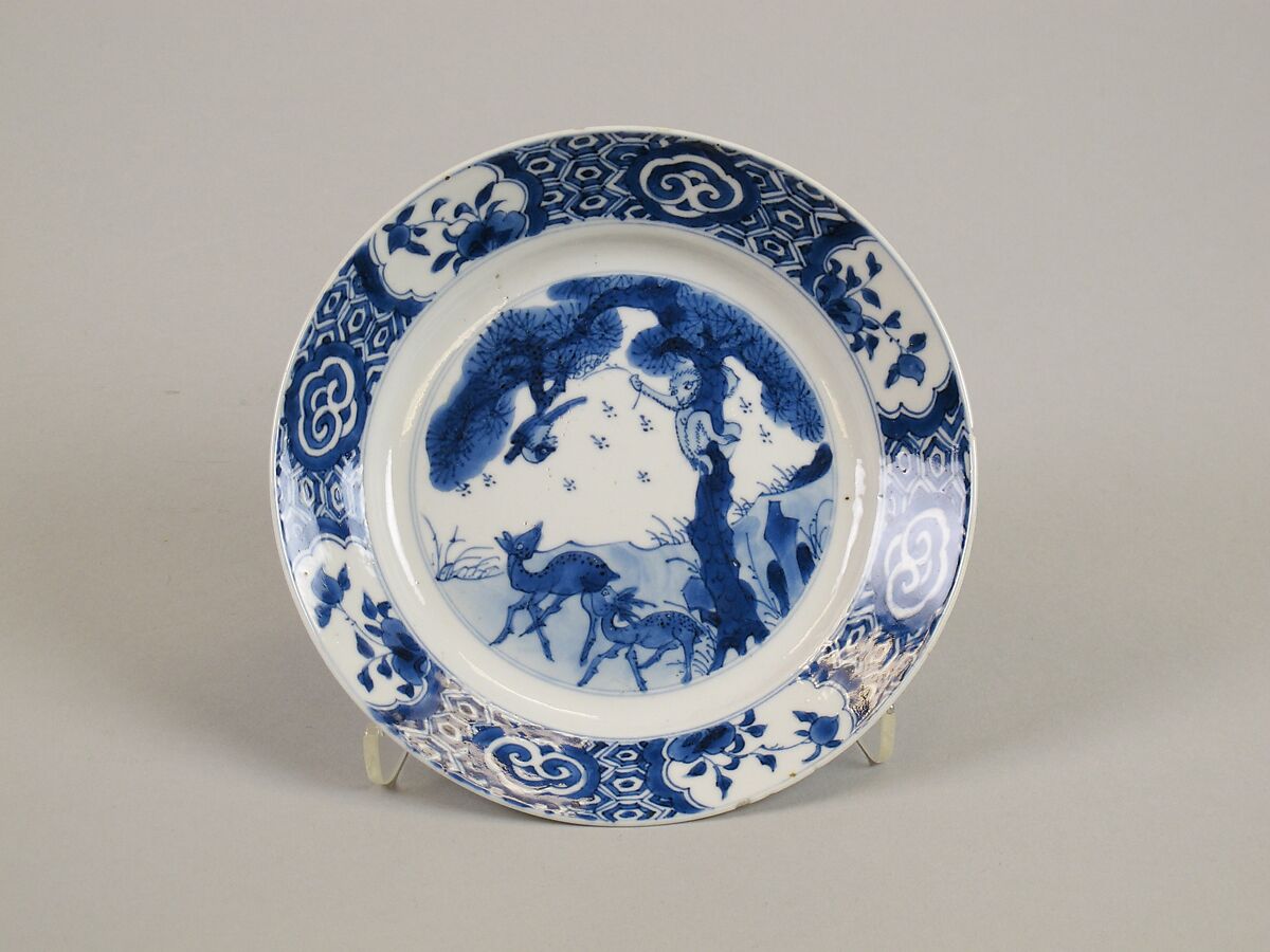 Plate with Monkey, Bees, Magpie, and Deer, Porcelain painted with blue underglaze, China