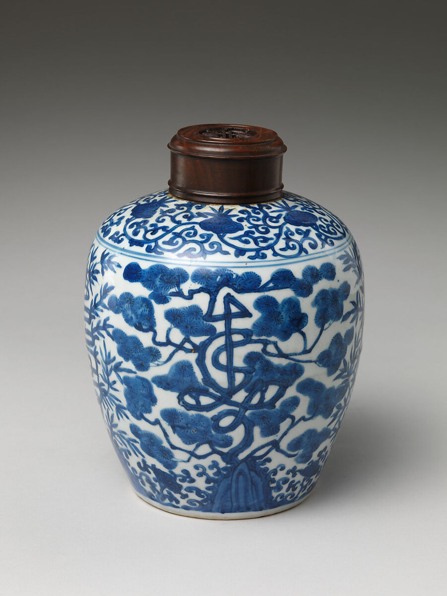 Jar decorated with auspicious characters amid plants, Porcelain painted in underglaze cobalt blue (Jingdezhen ware), China