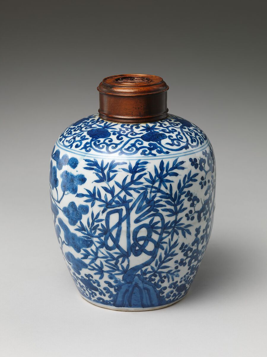 Jar decorated with auspicious characters amid plants, Porcelain painted in underglaze cobalt blue (Jingdezhen ware), China 