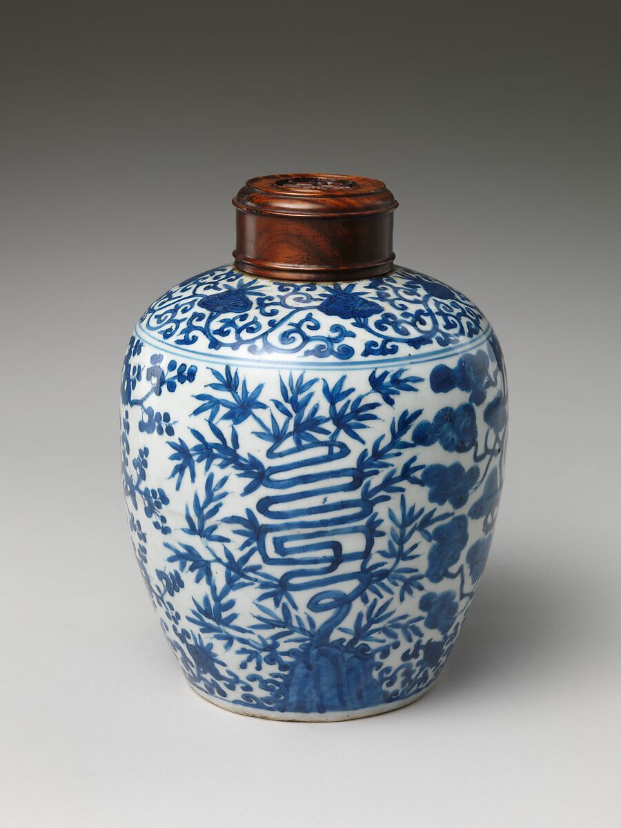 Jar decorated with auspicious characters amid plants, Porcelain painted in underglaze cobalt blue (Jingdezhen ware), China