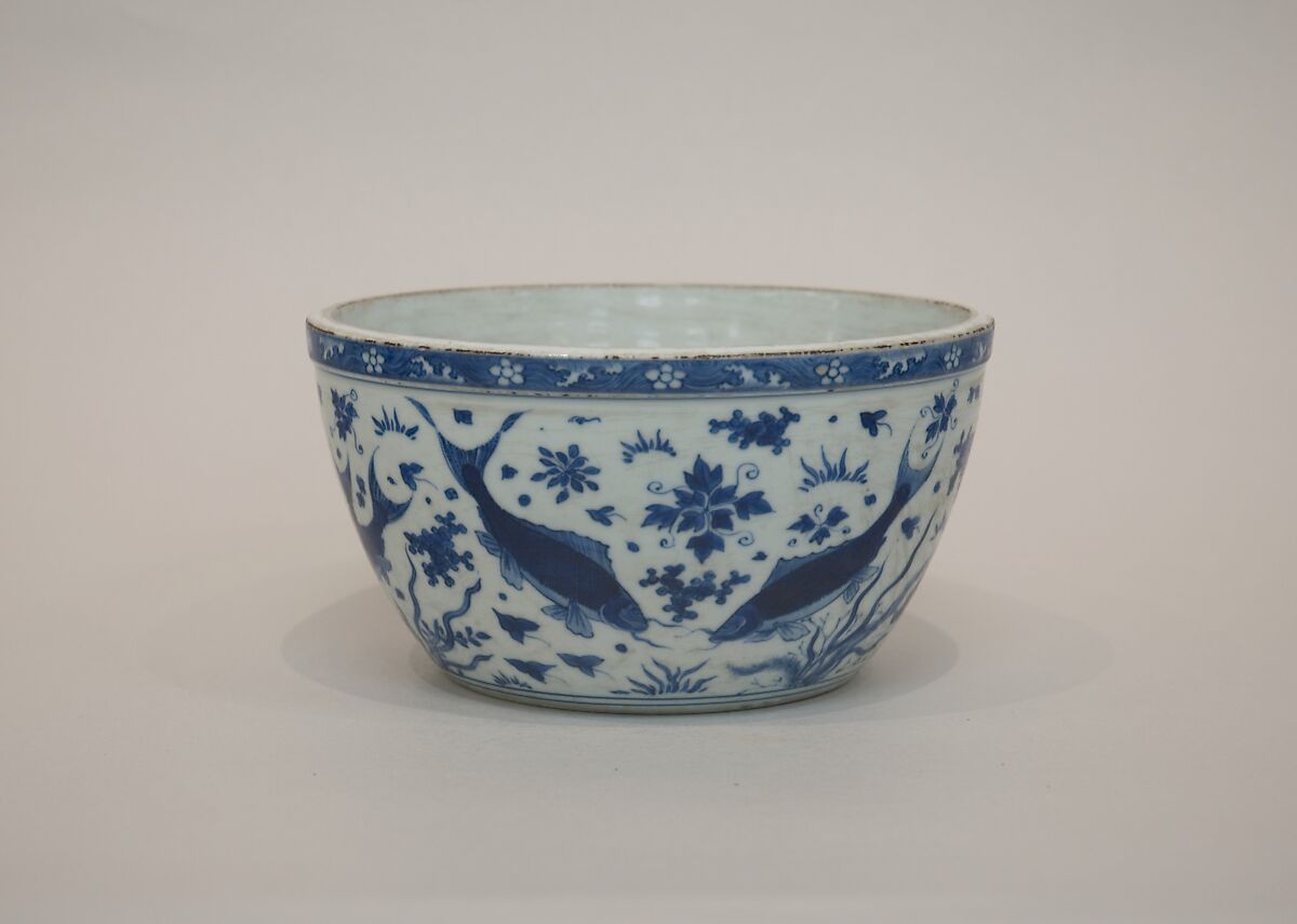 Bowl with fish in pond, Porcelain painted with cobalt blue under a transparent glaze (Jingdezhen ware), China 