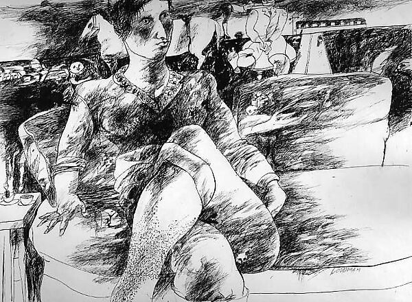 Lady On A Couch, Sidney Goodman (American, Philadelphia, Pennsylvania 1936–2013 Philadelphia, Pennsylvania), Pen and ink with graphite on paper 