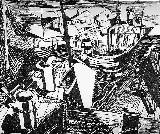 Fish Pier, Gloucester, John Lonergan (American, 1896–1969), Ink on paper 