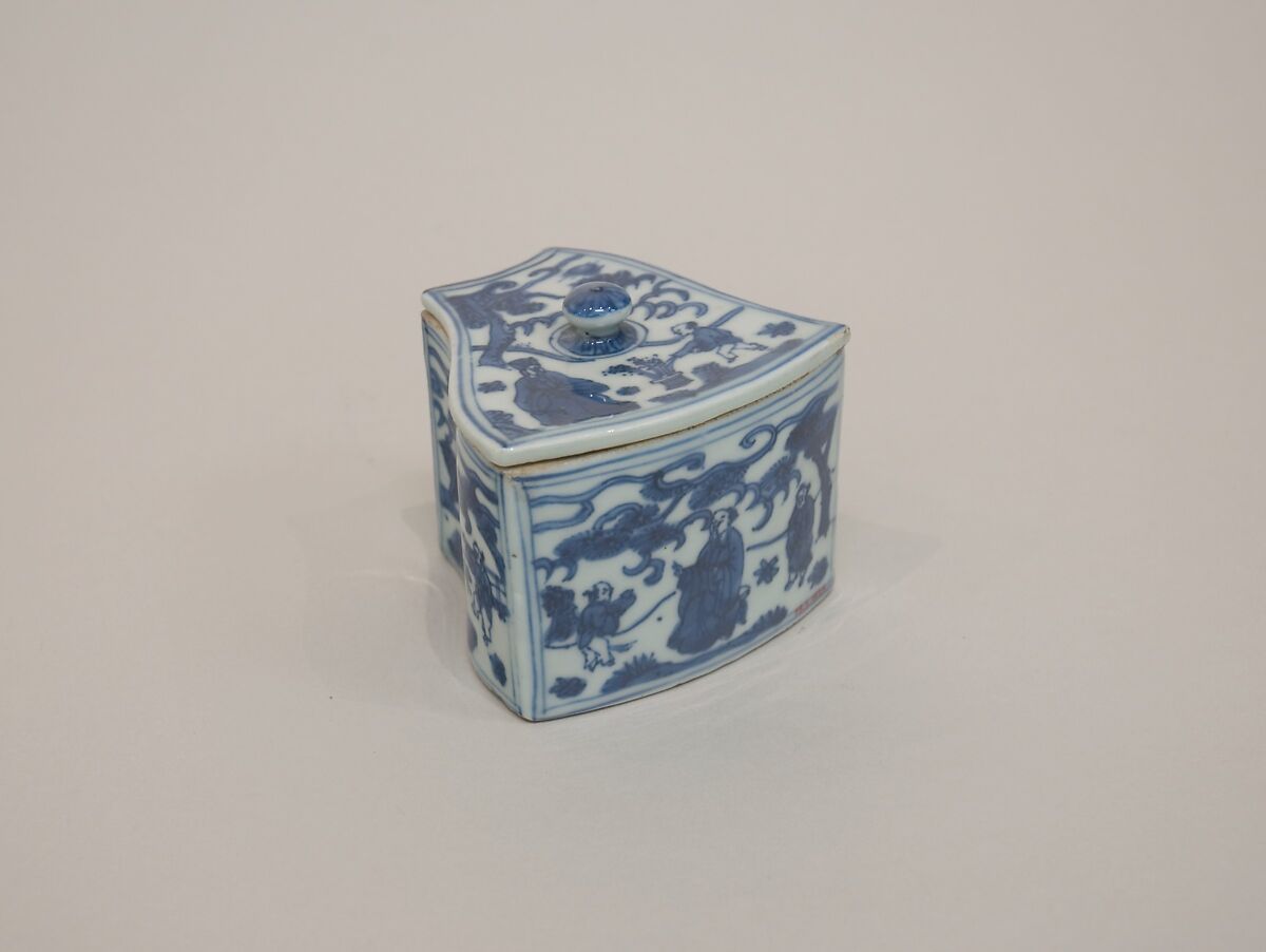 Covered box with figures in garden, Porcelain painted in underglaze cobalt blue (Jingdezhen ware), China 