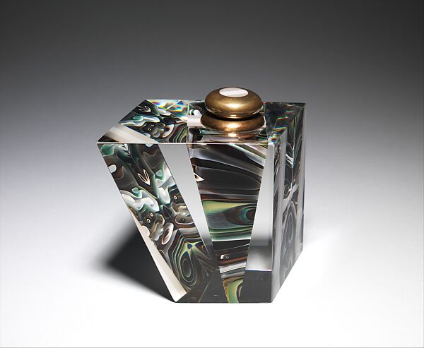 Kinesthesis bottle, William Carlson (American, born Dover, Ohio, 1950), Glass with silver gilt 