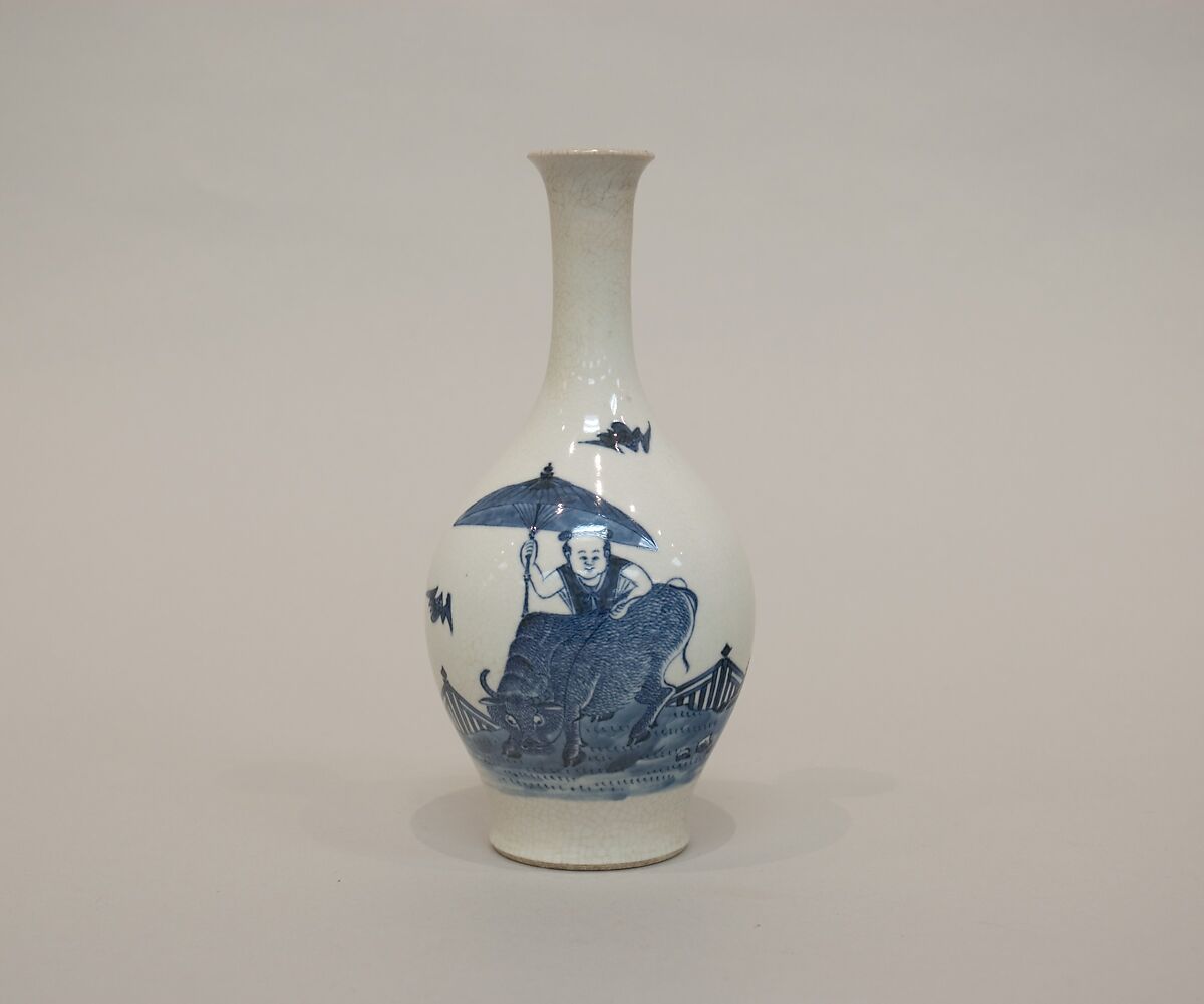 Vase with boy riding an ox, Soft paste porcelain painted in underglaze cobalt blue (Jingdezhen ware), China 