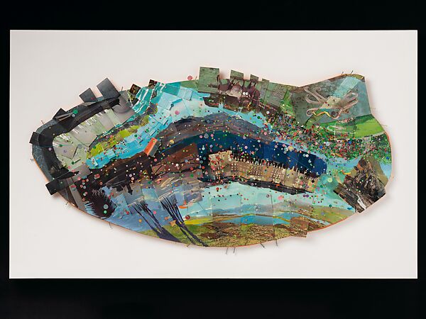 Oval Memory Series II: Castle Dragon, Howardena Pindell  American, Cut and pasted postcards, tempera, gouache, fluorescent paint, punched papers, nails and thread on foam board