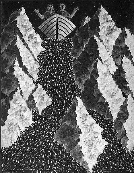 Divers' Disaster Part 3, Marilyn Holsing (American, born 1946), Gold colored pencil on black paper 