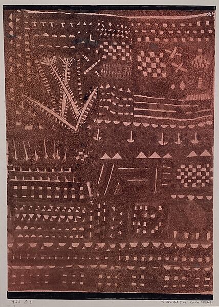 In the Manner of a Leather Tapestry, Paul Klee  German, born Switzerland, Brush and black ink and spattered tempera on paper, mounted on board