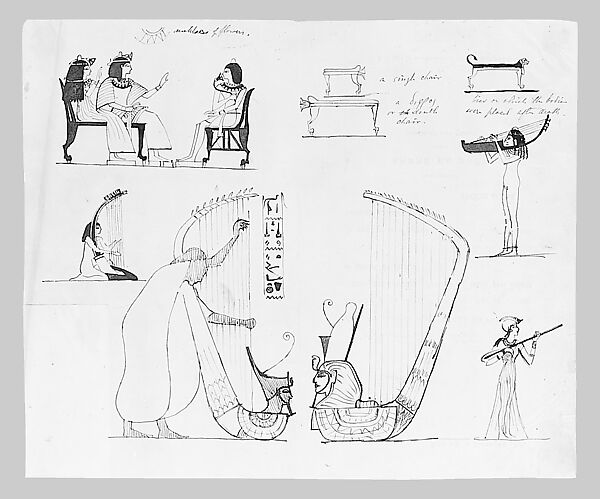 Egyptian Motifs and Musical Instruments (from Scrapbook), John Singer Sargent (American, Florence 1856–1925 London), Pen and ink on off-white wove paper, American