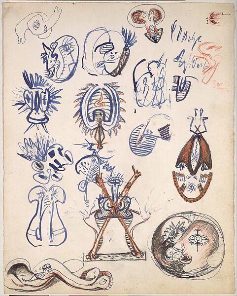 Untitled (Sheet of Studies), Jackson Pollock (American, Cody, Wyoming 1912–1956 East Hampton, New York), Pen and black and blue inks, graphite, brown crayon, and red colored pencil on paper 