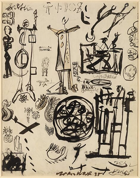Untitled (Page from a Lost Sketchbook), Jackson Pollock (American, Cody, Wyoming 1912–1956 East Hampton, New York), Brush and black ink and colored pencil on paper (recto) ; brush and black ink on paper (verso)