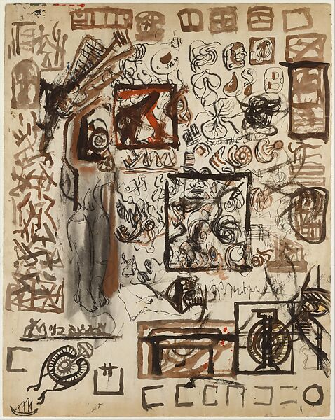 Untitled (Sheet of Studies), Jackson Pollock (American, Cody, Wyoming 1912–1956 East Hampton, New York), Ink, gouache, watercolor, colored pencils and graphite pencil on paper 