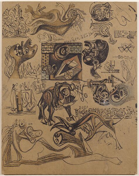Untitled (Sheet of Studies), Jackson Pollock (American, Cody, Wyoming 1912–1956 East Hampton, New York), Pen and India ink, graphite, colored pencils on cardboard 
