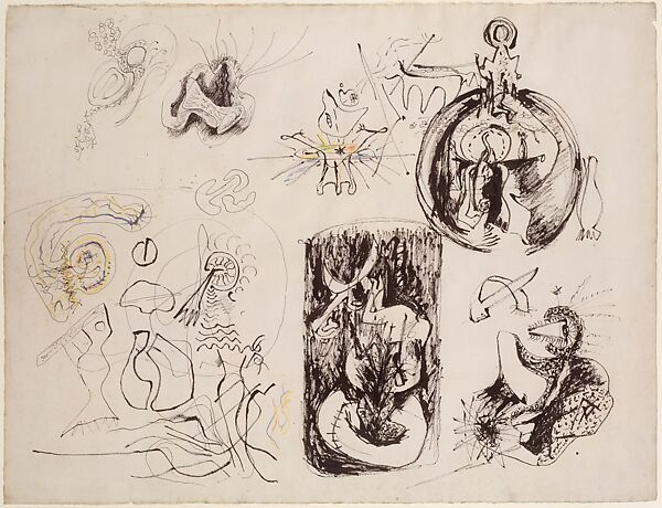 Sheet of Studies, Jackson Pollock (American, Cody, Wyoming 1912–1956 East Hampton, New York), Ink, colored and watercolor graphites on paper 
