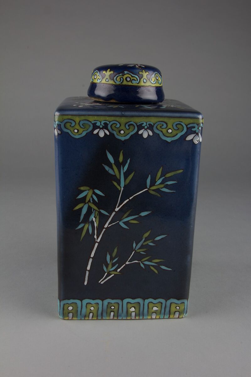 Tea caddy with flowers, Porcelain with polychrome enamels over a blue ground (Jingdezhen ware), China
