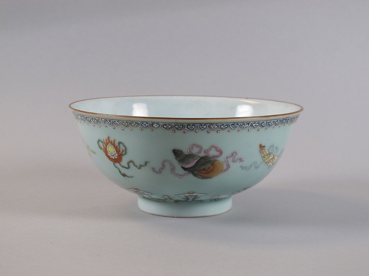 Bowl with eight Buddhist treasures, Porcelain painted in polychrome enamels over a celadon glaze (Jingdezhen ware), China 