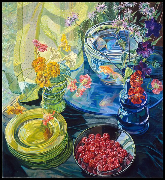 Raspberries and Goldfish, Janet Fish (American, born Boston, Massachusetts, 1938), Oil on linen with acrylic gesso ground 