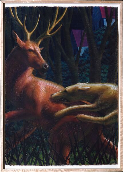 Stag with Dog, Leonard Koscianski (American, born Cleveland, Ohio, 1952), Pastel on paper 