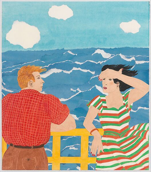 Conversation on a Boat Deck, Lynn Bostick (American, Valparaiso 1940–2021 Berkeley, California), Collage of cut and torn pasted papers with watercolor, opaque watercolor, colored pencil, and graphite on paper 