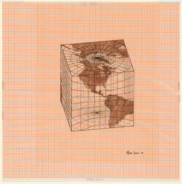 Study of Distortions; Isometric Systems in Isotropic Space-Map Projections: The Cube, Agnes Denes (American, born Budapest, 1931), Pen and black ink and watercolor on graph paper and mylar mounted to paper 