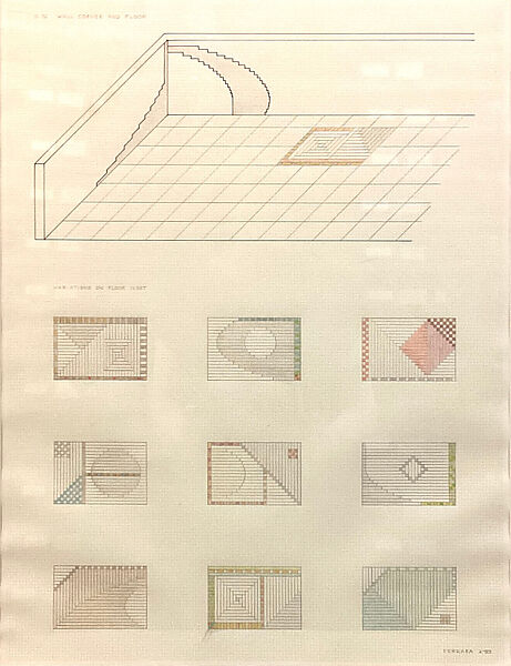 D72 Wall corner and floor, Jackie Ferrara (American, born Detroit, Michigan, 1929), Graphite, colored pencil, pen and black ink on graph paper 