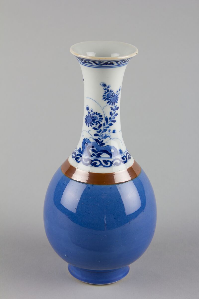 Vase with flowers and rocks, Porcelain painted in underglaze cobalt blue, with brown and blue glazes (Jingdezhen ware), China 