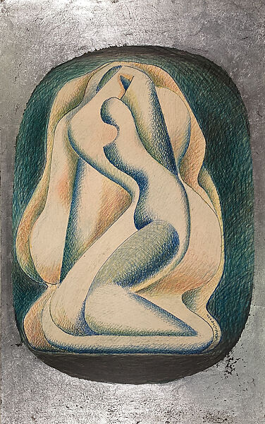 Kneeling, Alexander Archipenko (American (born Ukraine), Kiev 1887–1964 New York), Colored pencil, pen and blue ink, graphite, and silver metallic leaf on paper 