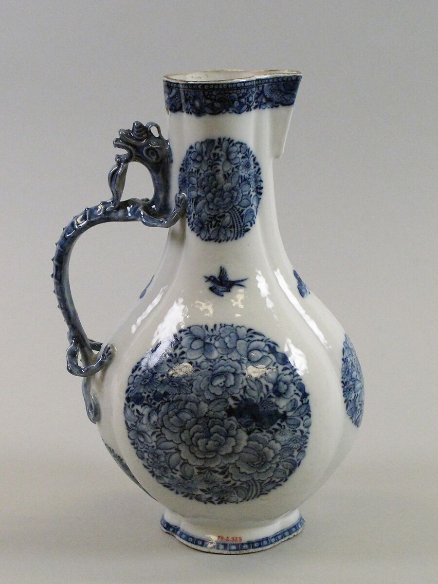 Jug with dragon handle and floral madellions, Soft-paste porcelain painted in underglaze cobalt blue (Jingdezhen ware), China 