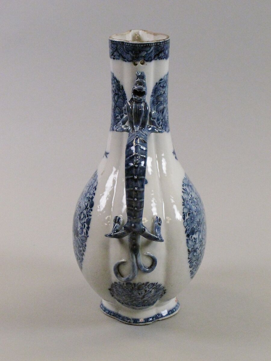 Jug with dragon handle and floral madellions, Soft-paste porcelain painted in underglaze cobalt blue (Jingdezhen ware), China