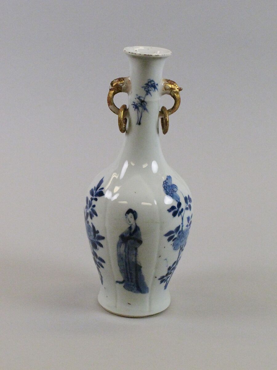 Vase with ladies and plants, Porcelain painted in underglaze cobalt blue with gold pigment (Jingdezhen ware), China
