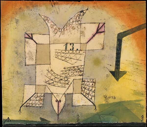 Falling Bird, Paul Klee (German (born Switzerland), Münchenbuchsee 1879–1940 Muralto-Locarno), Watercolor, transferred printing ink, and ink on paper, bordered with ink, mounted on cardboard 