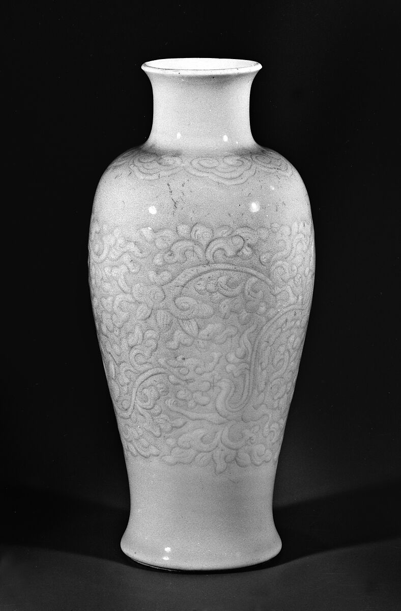 Vase with dragon amid floral scrolls, Porcelain with incised decoration under green glaze (Jingdezhen ware), China 