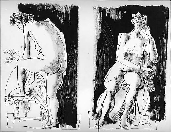 The Muses, Byron Browne (American, Yonkers 1907–1961 New York), Brush and ink and wash with scrathing on paper 
