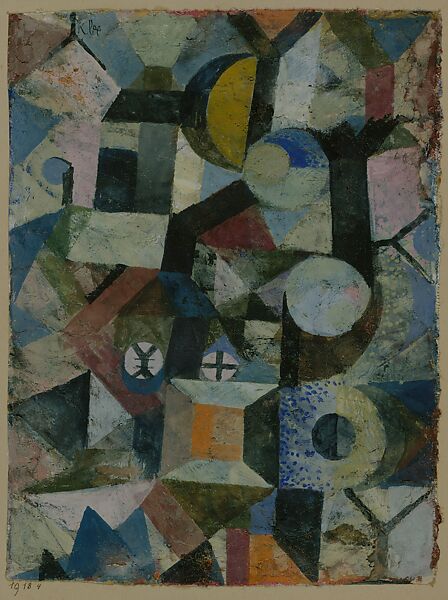 Composition with the Yellow Half-Moon and the Y, Paul Klee  German, born Switzerland, Gouache and watercolor on gesso on fabric mounted on cardboard