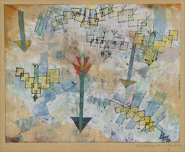 Birds Swooping Down and Arrows, Paul Klee (German (born Switzerland), Münchenbuchsee 1879–1940 Muralto-Locarno), Watercolor and transferred printing ink on gesso on paper mounted on cardboard 
