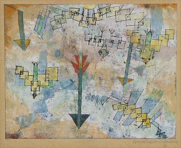 Birds Swooping Down and Arrows, Paul Klee  German, born Switzerland, Watercolor and transferred printing ink on gesso on paper mounted on cardboard