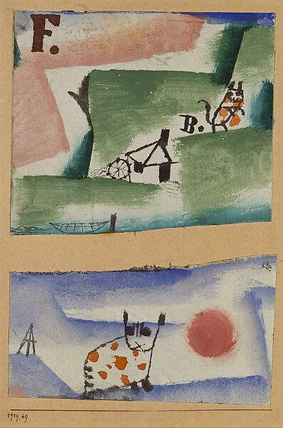 Tomcat's Turf, Paul Klee  German, born Switzerland, Watercolor, gouache, and oil on gesso on two sections of fabric mounted on cardboard