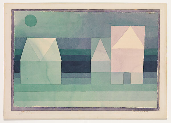 Three Houses, Paul Klee (German (born Switzerland), Münchenbuchsee 1879–1940 Muralto-Locarno), Watercolor on paper, bordered with watercolor, mounted on cardboard 