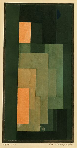 Tower in Orange and Green, Paul Klee (German (born Switzerland), Münchenbuchsee 1879–1940 Muralto-Locarno), Watercolor, ink, and graphite on paper, bordered with ink, mounted on cardboard 