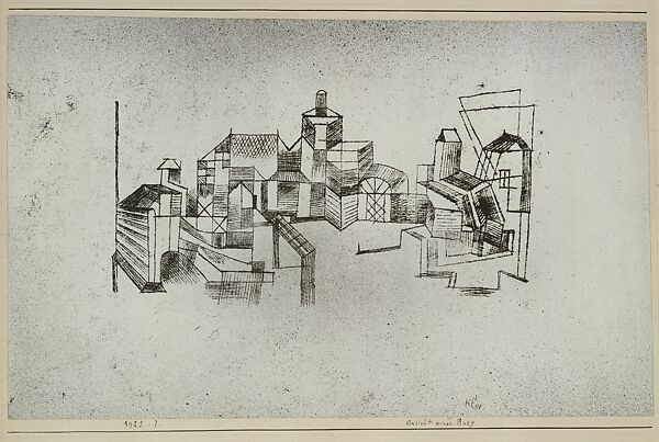 View of a Fortress, Paul Klee (German (born Switzerland), Münchenbuchsee 1879–1940 Muralto-Locarno), Sprayed watercolor and transferred printing ink on paper mounted on cardboard 