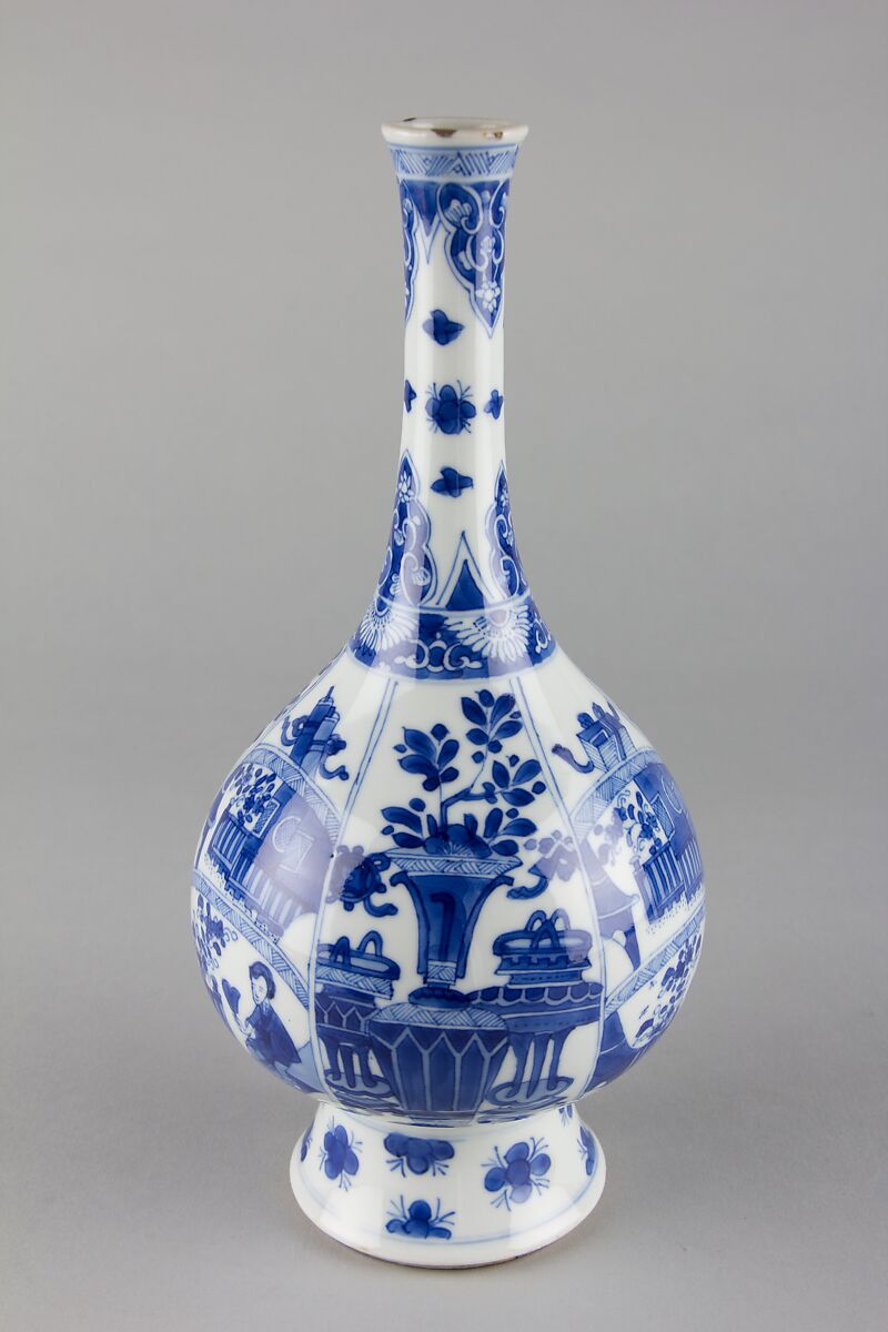 Vase with ladies and flowers, Porcelain painted in underglaze cobalt blue (Jingdezhen ware), China 