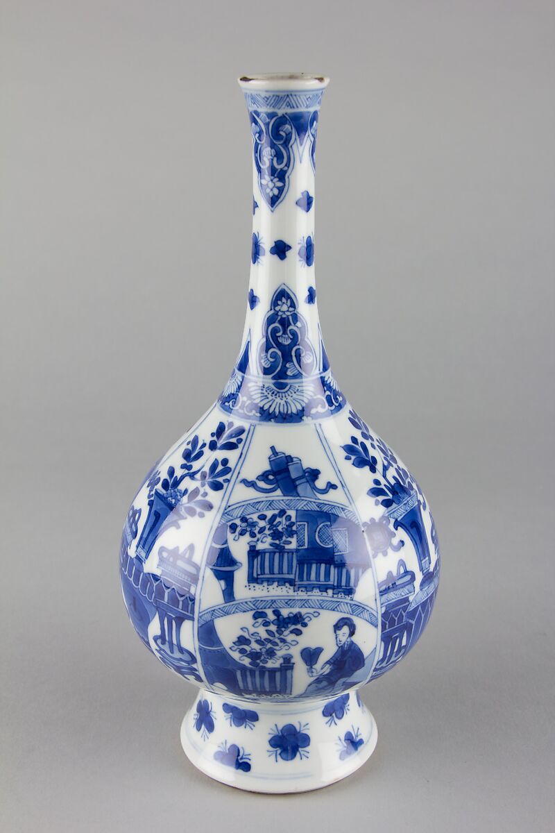 Vase with ladies and flowers, Porcelain painted in underglaze cobalt blue (Jingdezhen ware), China