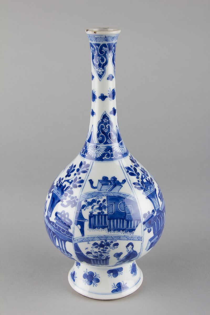 Vase with ladies and flowers, Porcelain painted in underglaze cobalt blue (Jingdezhen ware), China